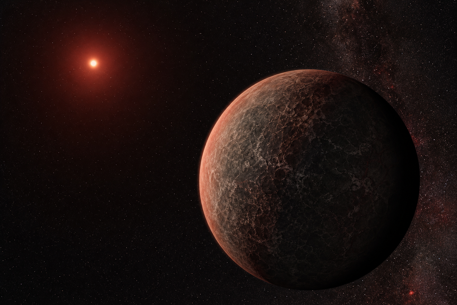 Representação artística de exoplaneta rochoso orbitando uma estrela distante